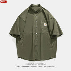 Japan Style Cargo Shirts Men Summer  Pure Cotton Loose Casual Pocket