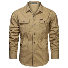 New Autumn Military Style Cotton Pocket Shirt for Men Solid Color Slim