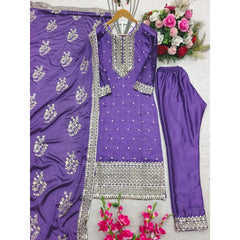 Lavender Blue Kurta Pants Dupatta Pure Cinon Silk Embroidered Workwear