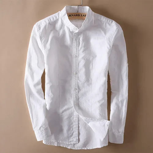 Men Stand Collar Linen Shirts Long Sleeve Mens Button-Front Quality