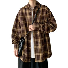 Lapel Collar Shirt Jacket Retro Plaid Print Men's Shirt Coat Long