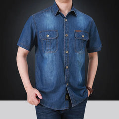 2023 Summer New Simple Polo Collar Men Denim Short Sleeve Shirt