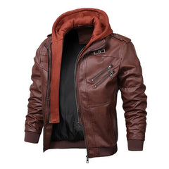 Men Hooded Leather Jackets Slim Casual Leather Coats New Fashion Male