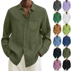 2023 Men's Casual Cotton Linen Shirt Turn Down Collar Solid Long