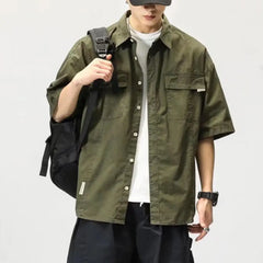 Men Cargo Shirt Hip-hop Turn-down Collar Short Sleeves Single-breasted