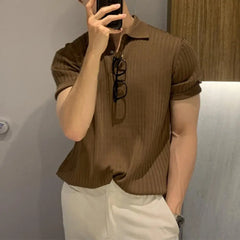 Dropshipping!!Lapel Short Sleeve Buttons Half Placket Loose Men Summer