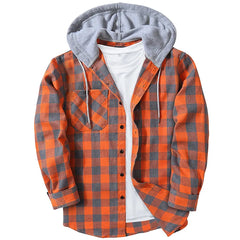 Spring Autumn Men's Checkered Shirt Hooded Flannel Warm Fashion Luxury