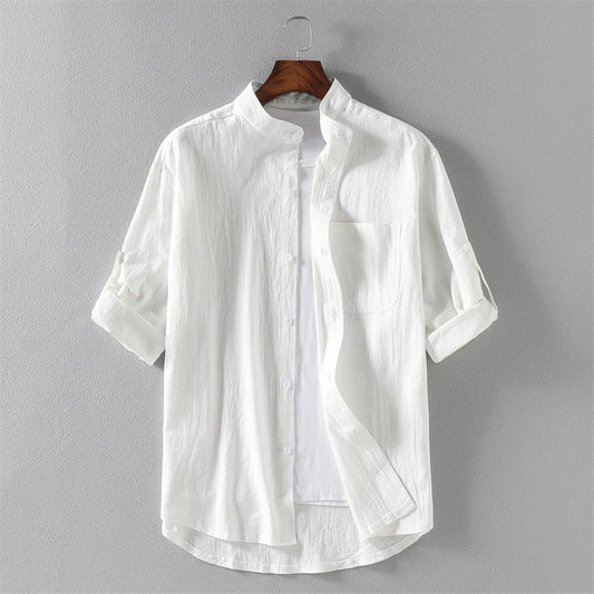 Cotton Linen Cropped Short Sleeved Shirt for Men's 2024 Summer Loose