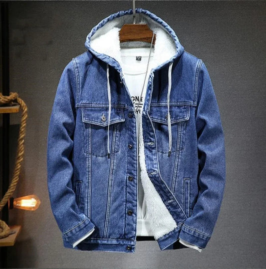 2023 New Thicker And Warmer Men's Hooded Denim Jacket Winter Lambswool