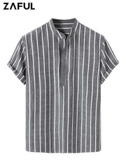 ZAFUL Striped Shirts for Men Half Button Collarless Short Sleeve