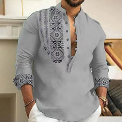 Spring Fall Men Shirt Vintage Ethnic Style Stand Collar Men Top Half