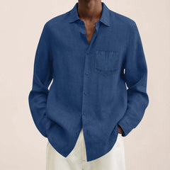 2023 Men's Casual Cotton Linen Shirt Turn Down Collar Solid Long