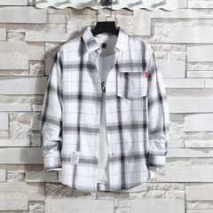 Men's Casual Plaid Shirt Polyester Long Sleeve Lapel Plaid Casual