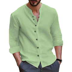 Men Cotton Linen Beach Shirt Stand Collar Social Formal Shirts Blouses