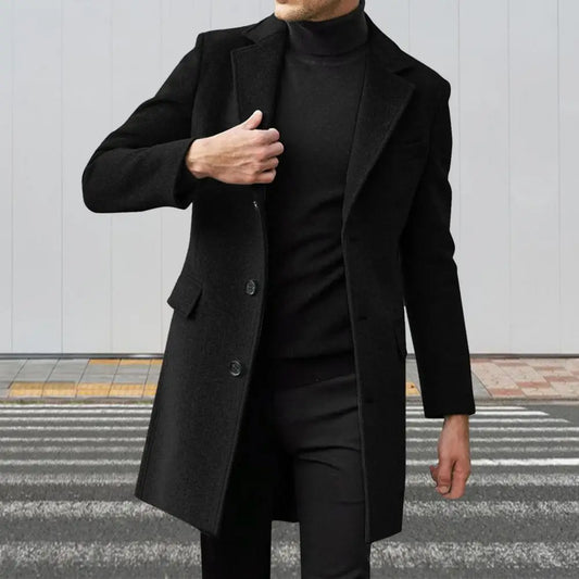 Solid Color Lapel Coat Men's Winter Lapel Suit Coat with Flap Pockets