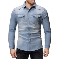 Men Denim Shirt Cotton Jeans Overshirt Slim Fit Long Sleeve Stylish