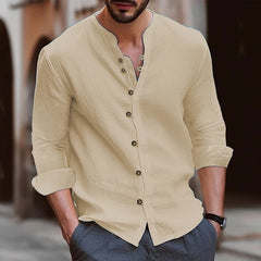 Men Cotton Linen Beach Shirt Stand Collar Social Formal Shirts Blouses