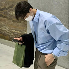 Korean Fashion Men High-end Light Blue Shirt Men Summer Solid Color