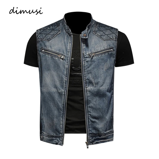 DIMUSI Mens Denim Vests Vintage Fashion Design Retor Sleeveless