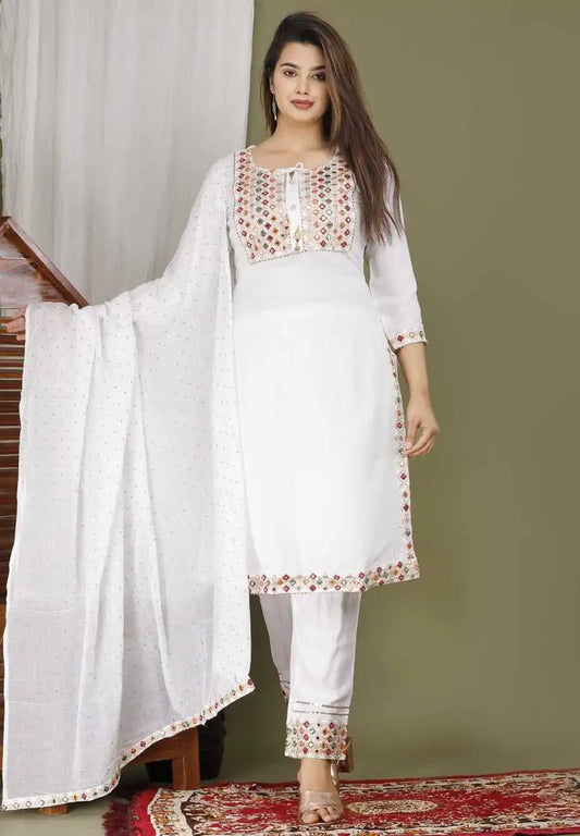 White Kurta Palazzo for Diwali Indian Handwork Stitched Suit Mirror