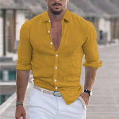 New Men Casual Cotton Linen Shirts Turn-down Collar Solid Color Long