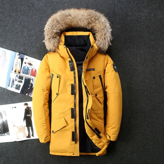 Men Winter Duck Down Coats Hooded Fur Collar Long Down Jackets High