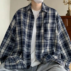 Lapel Collar Shirt Jacket Retro Plaid Print Men's Shirt Coat Long