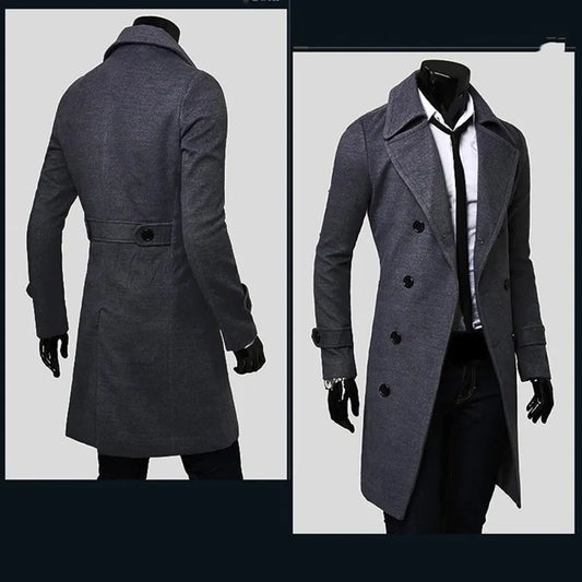 Mens Double Breasted Trench Coat Wool Blend 2023 Autumn Winter Solid