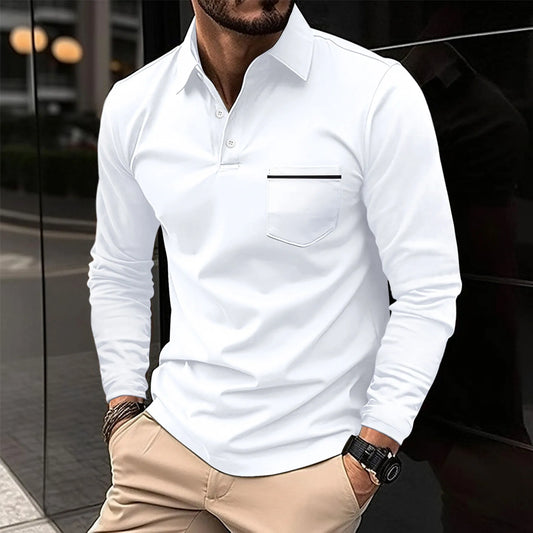 2024 men's spring long sleeve pocket T-shirt Casual business buckle