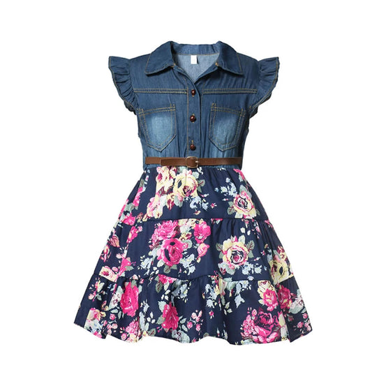 Summer Denim Dress Belted Above Knee Floral Bottom Girls Casual Frock