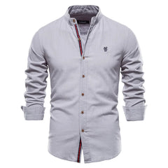 New Spring Summer 100% Cotton Social Shirt Men Solid Color Embroidery