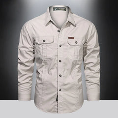 2024 Spring Cotton Cargo Shirt for Men Long Sleeve Multi-Pocket Shirts