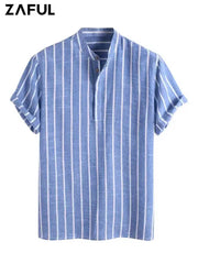 ZAFUL Striped Shirts for Men Half Button Collarless Short Sleeve