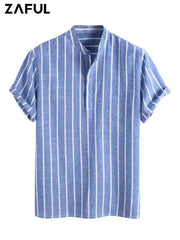 ZAFUL Striped Shirts for Men Half Button Collarless Short Sleeve