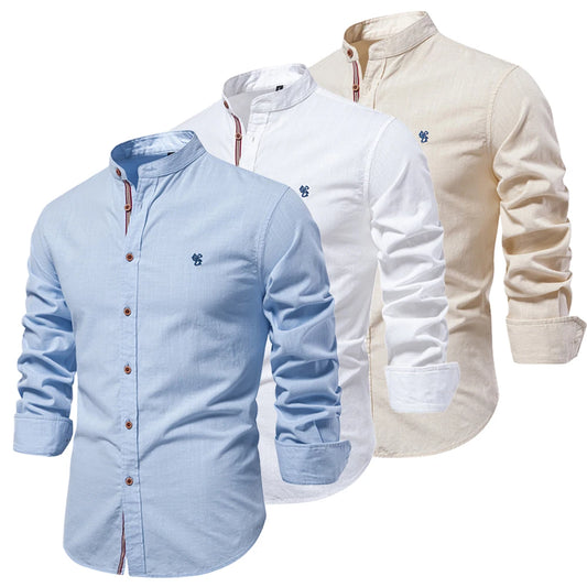 New 100% Cotton Linen Shirt Men Solid Color Embroidery Brand Shirts