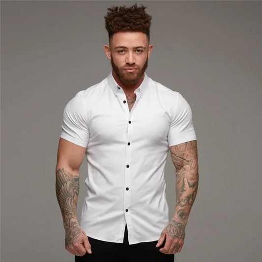 Men's Fashion Dress Shirt Summer Classic Slim Fit Button Short Sleeve