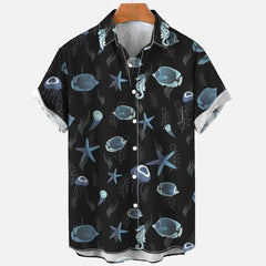 3d Sea Animal Seahorse Fish Print Lapel Hawaiian Shirt Men's Summer