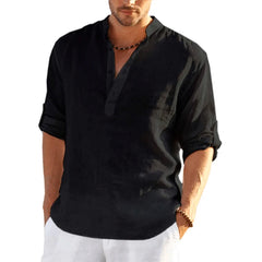 2022 New Men's Daily Business Linen Long Sleeve Solid Color Loose