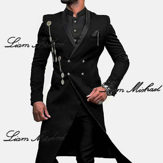 Indian Style Men's Suit 2 Piece Long Jacket Pants Wedding Groom Tuxedo