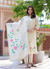 Women Floral Handpainted Straight Kurta Palazzo With Dupatta Indian