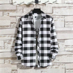 Men's Casual Plaid Shirt Polyester Long Sleeve Lapel Plaid Casual