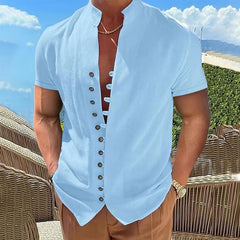 New Men's Short Sleeve Tshirt V neck button Cotton Linen Shirt Men's