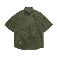 Summer Japanese Cargo Short Sleeve Shirt Men's Pockets Button