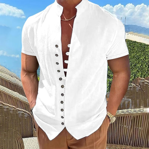 New Men's Short Sleeve Tshirt V neck button Cotton Linen Shirt Men's