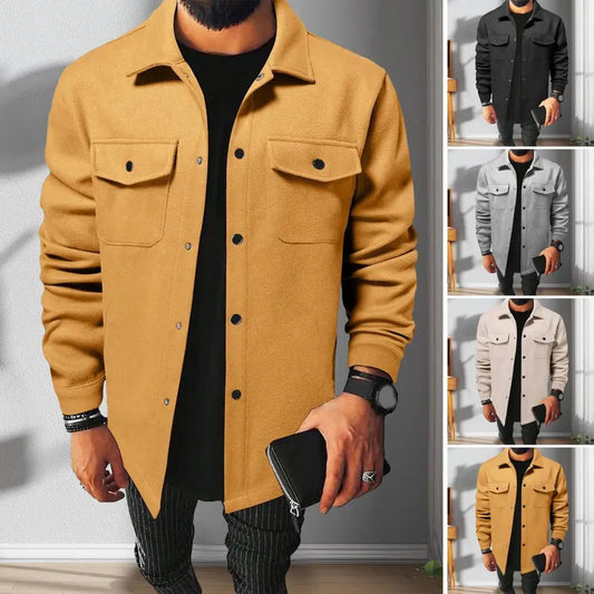 Men Button-down Shirt Jacket Men's Solid Color Lapel Shirt Jacket