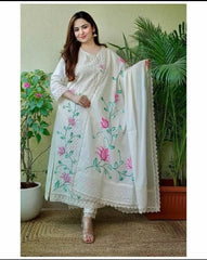 Women Floral Handpainted Straight Kurta Palazzo With Dupatta Indian