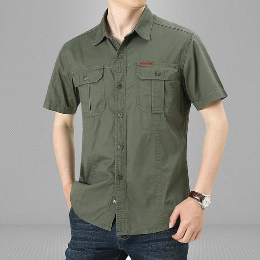 2024 Summer Green Cargo Shirts for Men Short Sleeve Casual Blouse