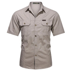 Summer Streetwear Men's Button Pure Cotton Military Polo Dress Shirt