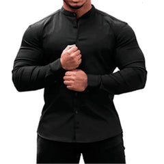 High Elasticity GYM Long Sleeved Men's Shirt Solid Summer Casual