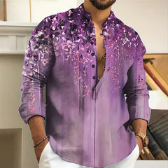 Men Long Sleeve Button-Down Shirt Blouse Loose Henley V-Neck Beach